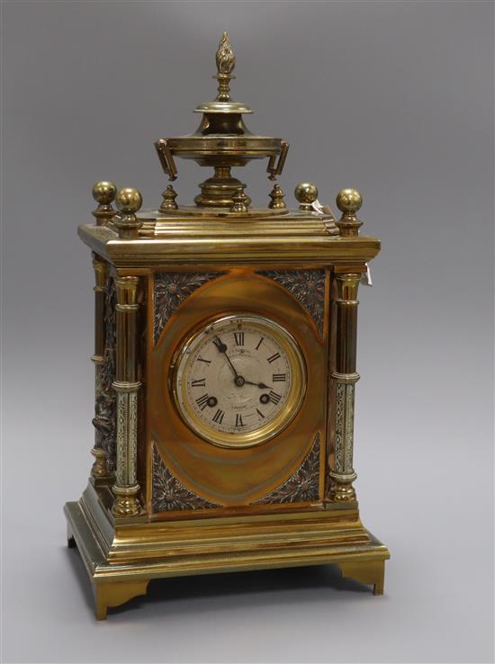 A 19th century gilt brass and silvered metal mantel clock, J W Benson, London, height 38cm